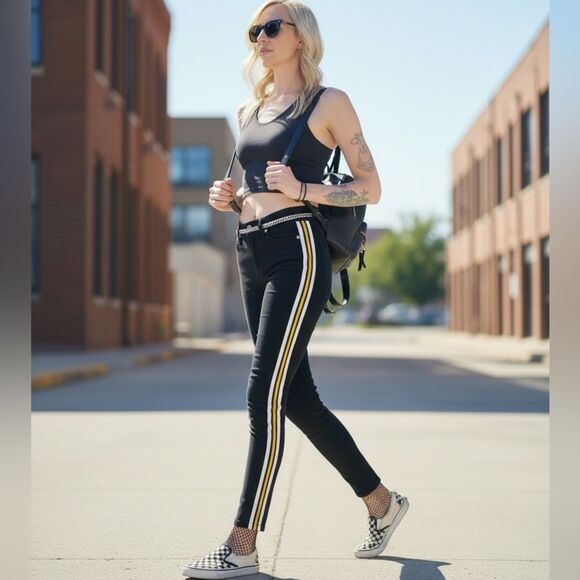 Hot Kiss Denim - Hot Kiss “Get The Lift” Jeggings With Yellow And White Side Racing Stripe